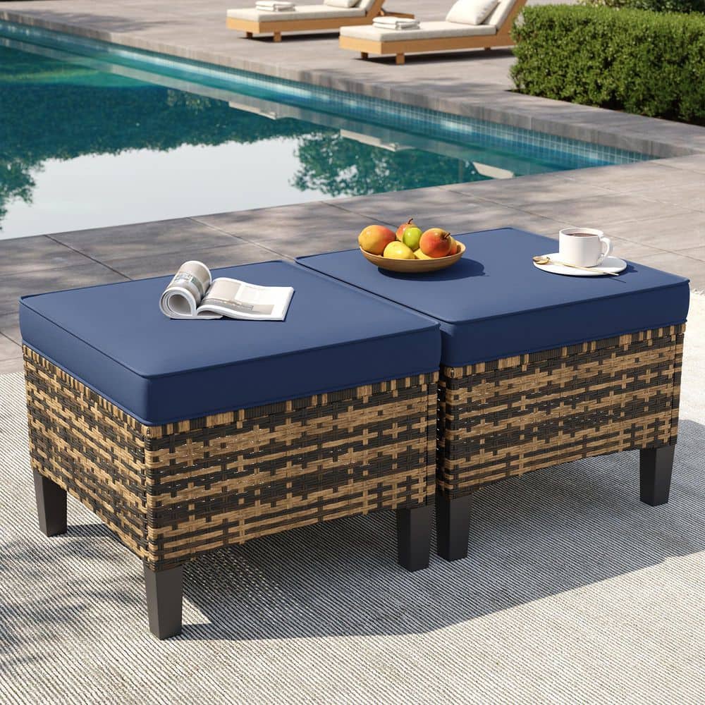 Outdoor Series Mixed Brown Wicker Outdoor Ottoman with CushionGuard Navy Blue Cool Tone Cushion 2-Pack price history on PriceWatchPro