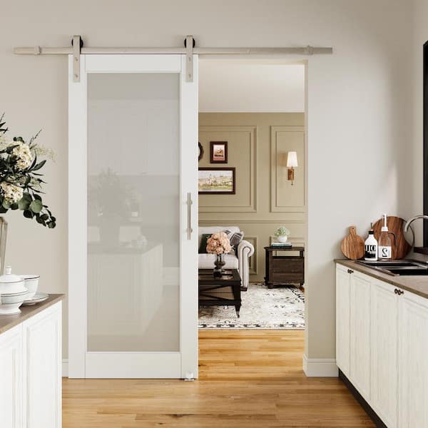 34 in. x 80 in. 1 Lite Tempered Frosted Glass White Finished MDF Sliding Barn Door with Hardware Kit Nickel