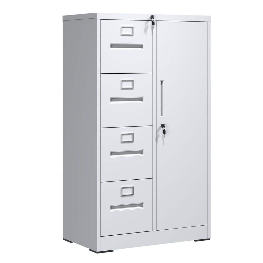 White 52 in. H Vertical File Cabinet Office Storage Cabinet with 4 Drawers 1 Door and Lock Steel Filing Cabinet