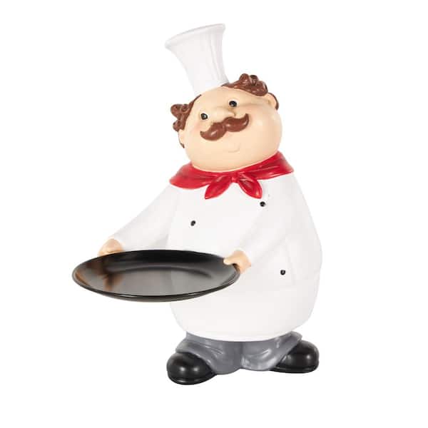 Litton Lane 11 in. x 13 in. White Polystone Kitchen Decorative Figurine Chef Sculpture with Black Tray