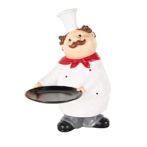 11 in. x 13 in. White Polystone Kitchen Decorative Figurine Chef Sculpture with Black Tray