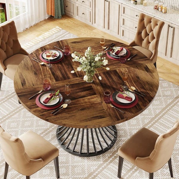Delilah Modern Brown Black Wood 47 in. Pedestal Round Kitchen Dining Table Seats-4 Farmhouse Industrial