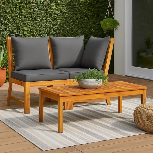 Kio Brown 3-Piece Wood Outdoor Sofa Sectional Set with Gray Cushions