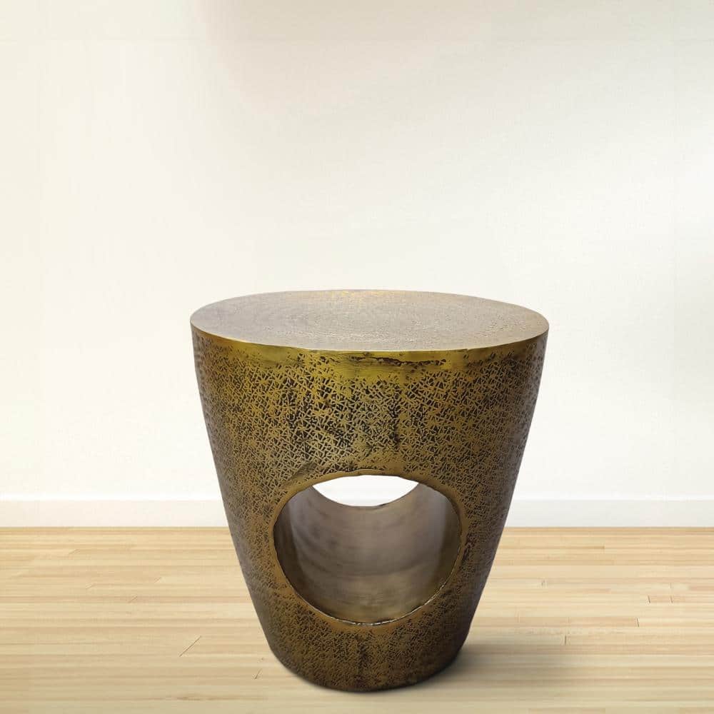 Antique Brass Round Metal Drum Side Table with Hollow Center
