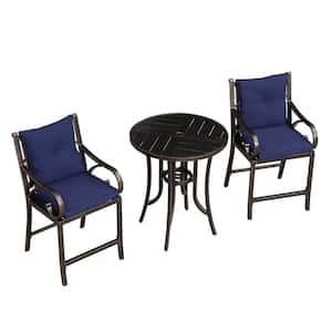 Modern 3-Piece Cast Aluminum Outdoor Bistro Set with Back and Arm Navy Blue Cushion Counter Height Metal Bar Chairs