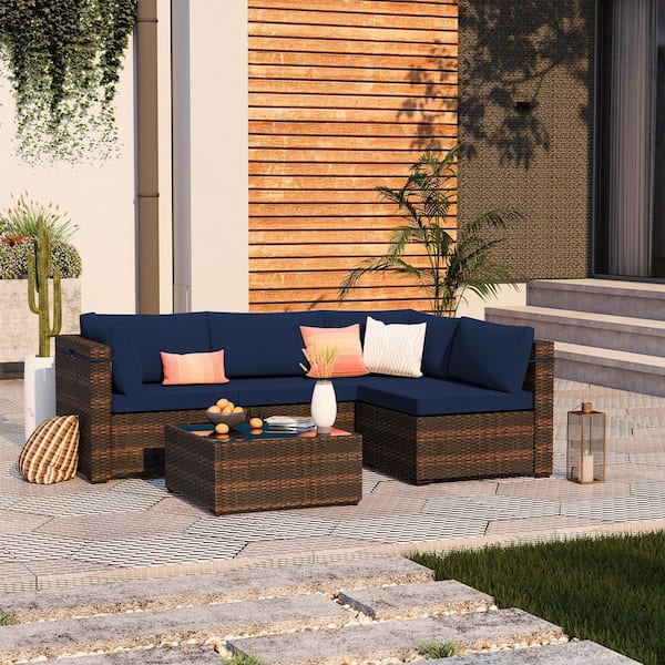 UPHA 5-Piece Brown Wicker Patio Conversation Set Outdoor Sectional Sofa Set with Coffee Table and Navyblue Cushions