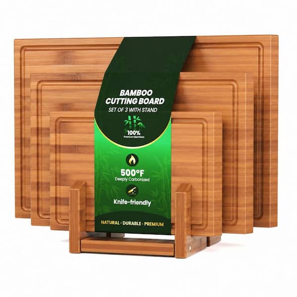 3-Piece Brown Bamboo Cutting Board Set Kitchen Chopping Boards with Stand Double-Sided Juice Groove Charcuterie