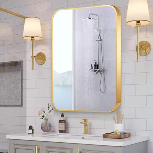 24 in. W x 32 in. H Rectangular Aluminum Framed Wall Mounted Bathroom Vanity Mirror in Gold