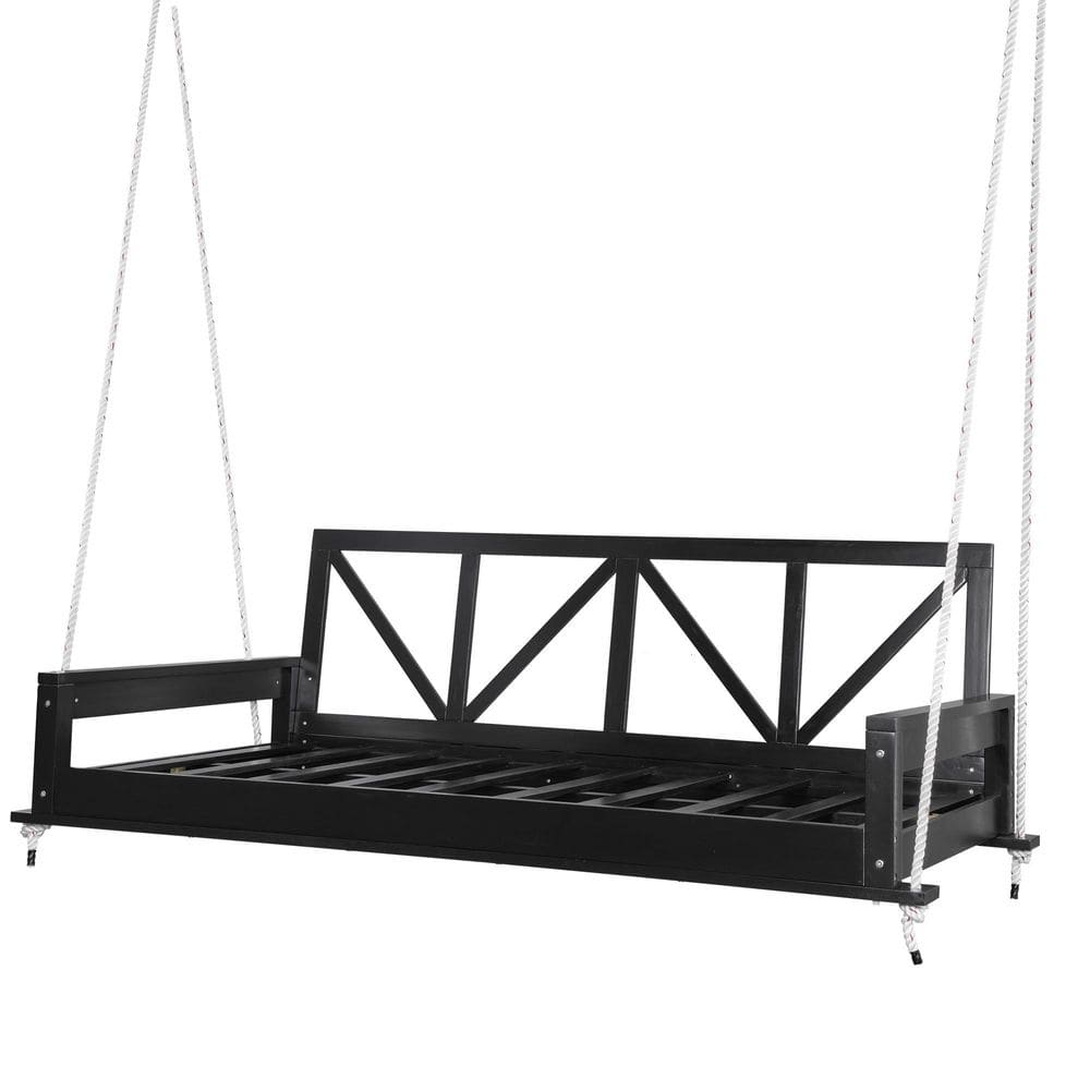 85.4 in. 3-Person Wood Porch Patio Swing Bed with 16.4 ft. Hemp Ropes in Bl