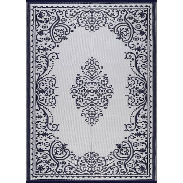 Beverly Rug 4 X 6 Blue White Lightweight Medallion Reversible Plastic Indoor Outdoor Area Rug