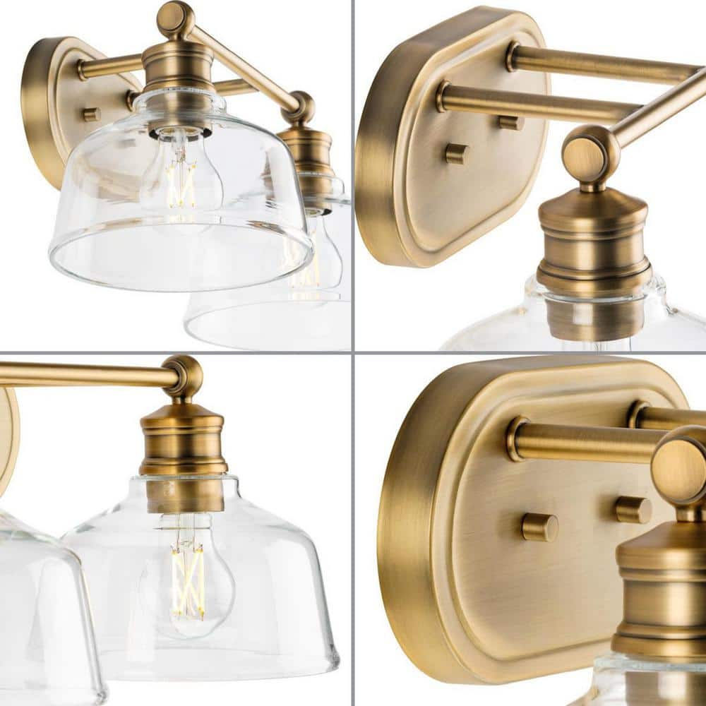 Vintage Brass Industrial 2-Light Vanity Fixture with Clear Glass Shades