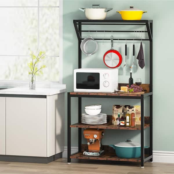HOMECHO Tall Kitchen Bakers Rack with Storage Cabinet Industrial 4-Tier Microwave Oven Stand Dark Brown Free Standing Kitchen Utility Storage Shelf Rack