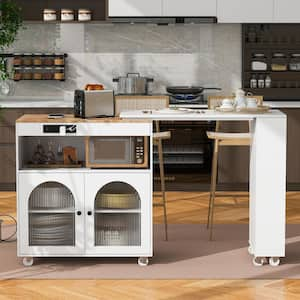 White Rubberwood Kitchen Cart with Extended Table, 2-Fluted Glass Doors, LED Light, and Power Outlet