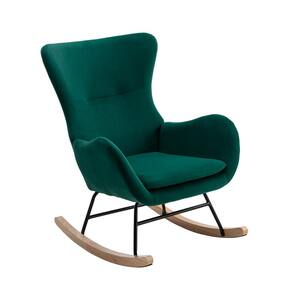Green Velvet Fabric Padded Seat Rocking Chair with High Backrest and Armrests