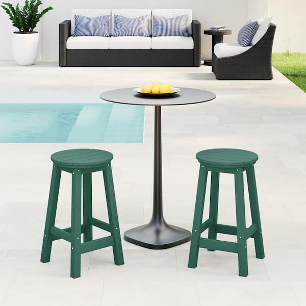 Laguna 24 in. Round HDPE Plastic Backless Counter Height Outdoor Dining Patio Bar Stools (2-Pack) in Dark Green