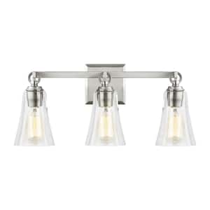 Monterro 21.75 in. W. 3-Light Satin Nickel Vanity Light with Clear Seeded Glass Shades