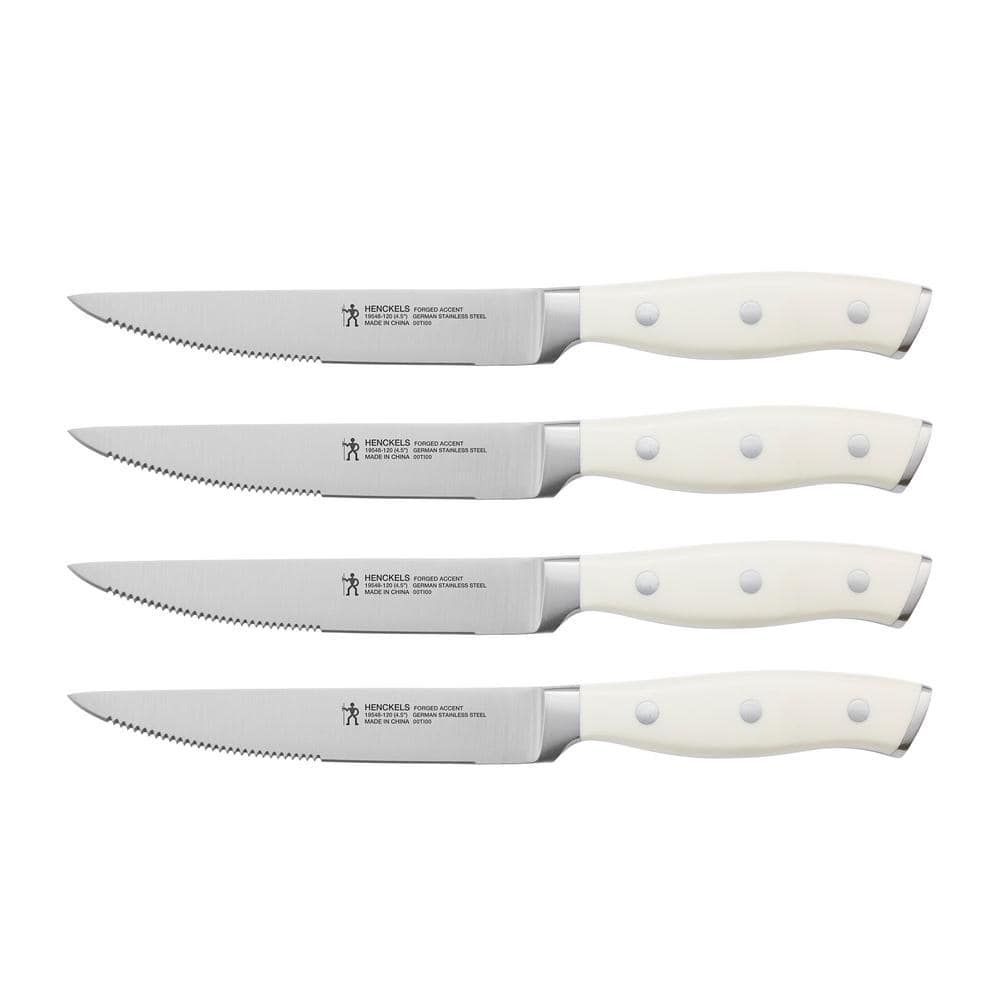 Henckels Forged Accent 4.5 in. Stainless Steel Full Tang Serrated Steak Knife Set with Plastic White Handle (Set of 4)