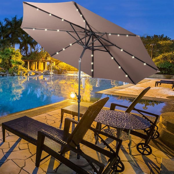10 ft. Steel Market Solar Tilt Patio Umbrella with Crank and LED Lights in Tan