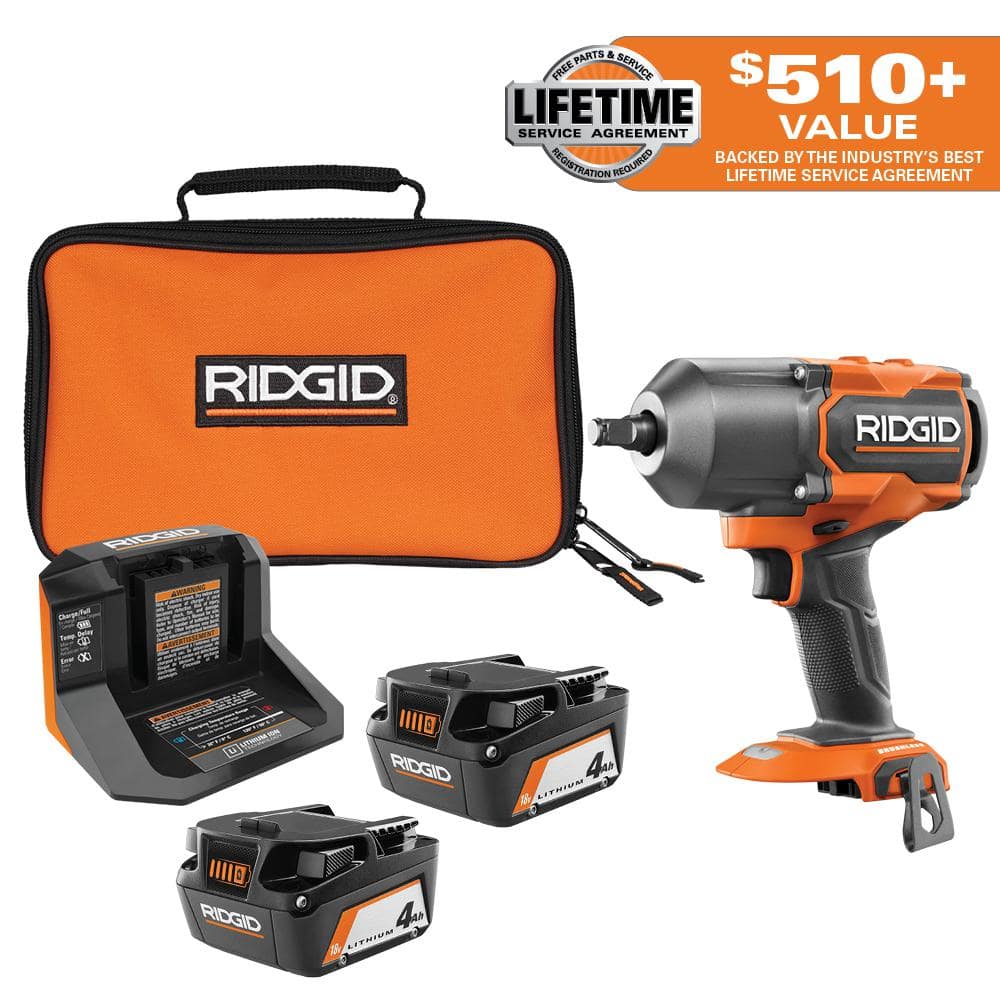 18V Brushless Cordless 4-Mode 1/2"" High-Torque Impact Wrench with FREE 18V (2) 4.0 Ah Batteries and Charger Kit -  RIDGID, AC93044R86212