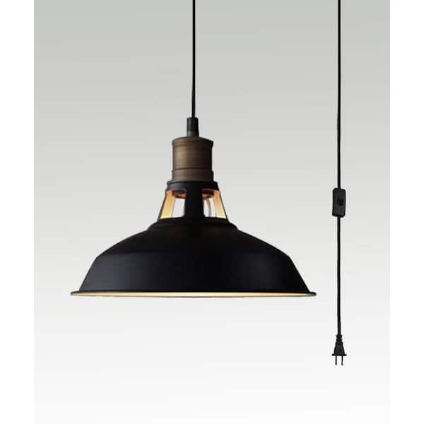 Black Industrial Plug-In Pendant Light Barn Shape with On/Off Switch