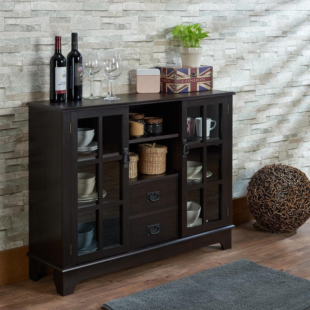Espresso Black 42" Wood & Glass Console Table with Storage