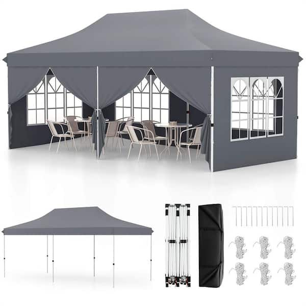 10 ft. x 20 ft. Pop up Canopy Outdoor Canopy Tent with 6-Sidewalls Carrying Bag Gray
