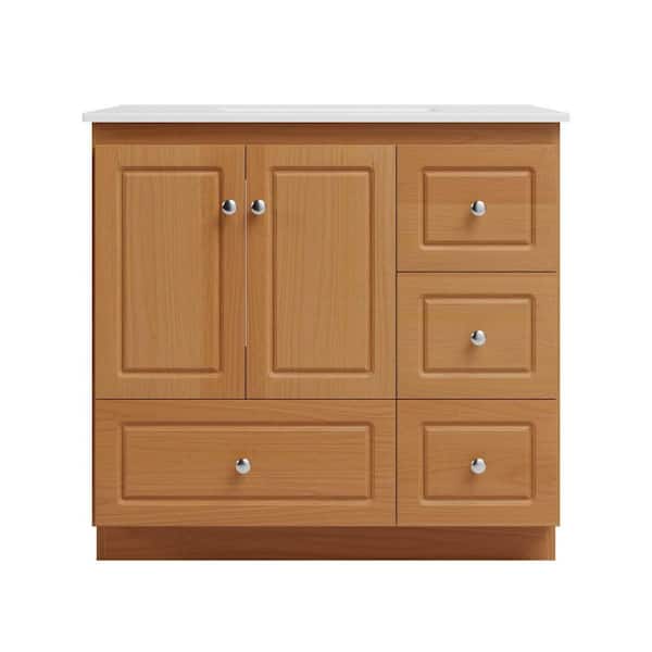 Ultraline 37 in. W x 22 in. D x 35 in. H Vanity with Right Drawers in Natural Alder with Ceramic Vanity Top in White