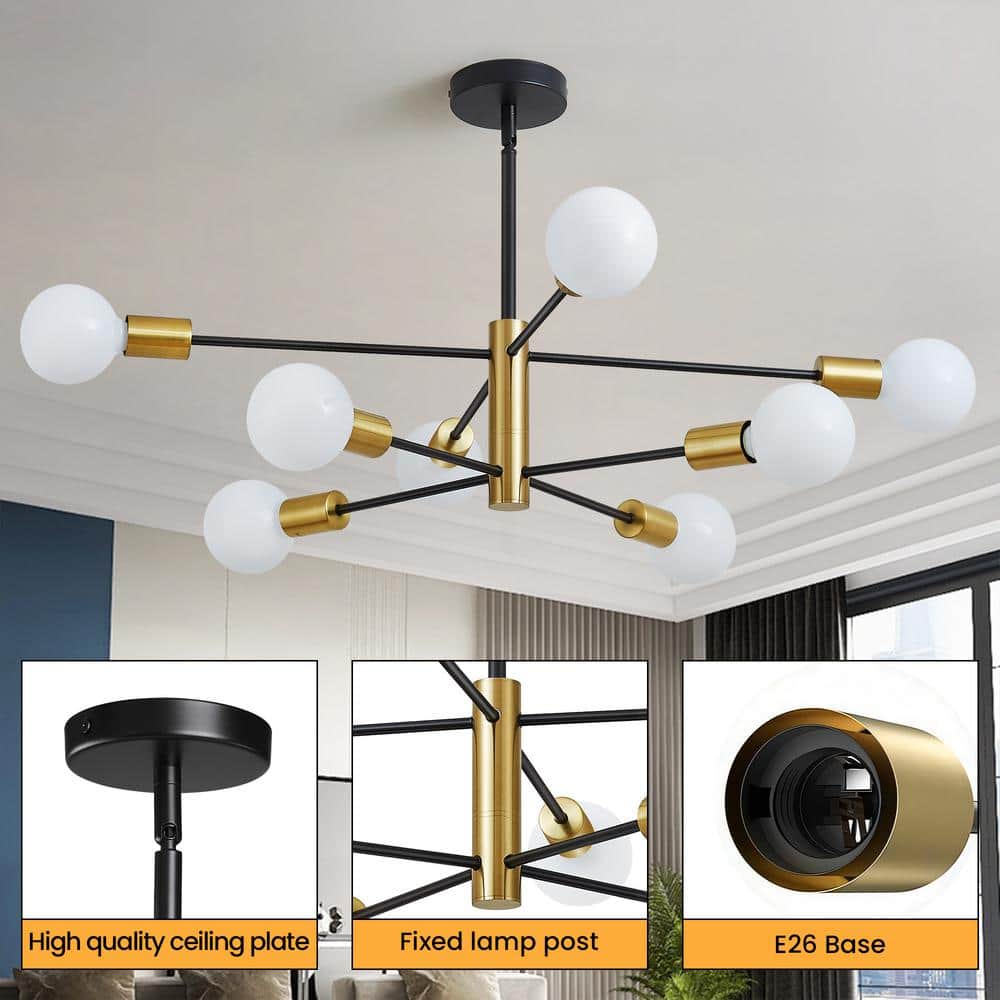 Black and Gold 8-Light Sputnik Chandelier with Adjustable Height
