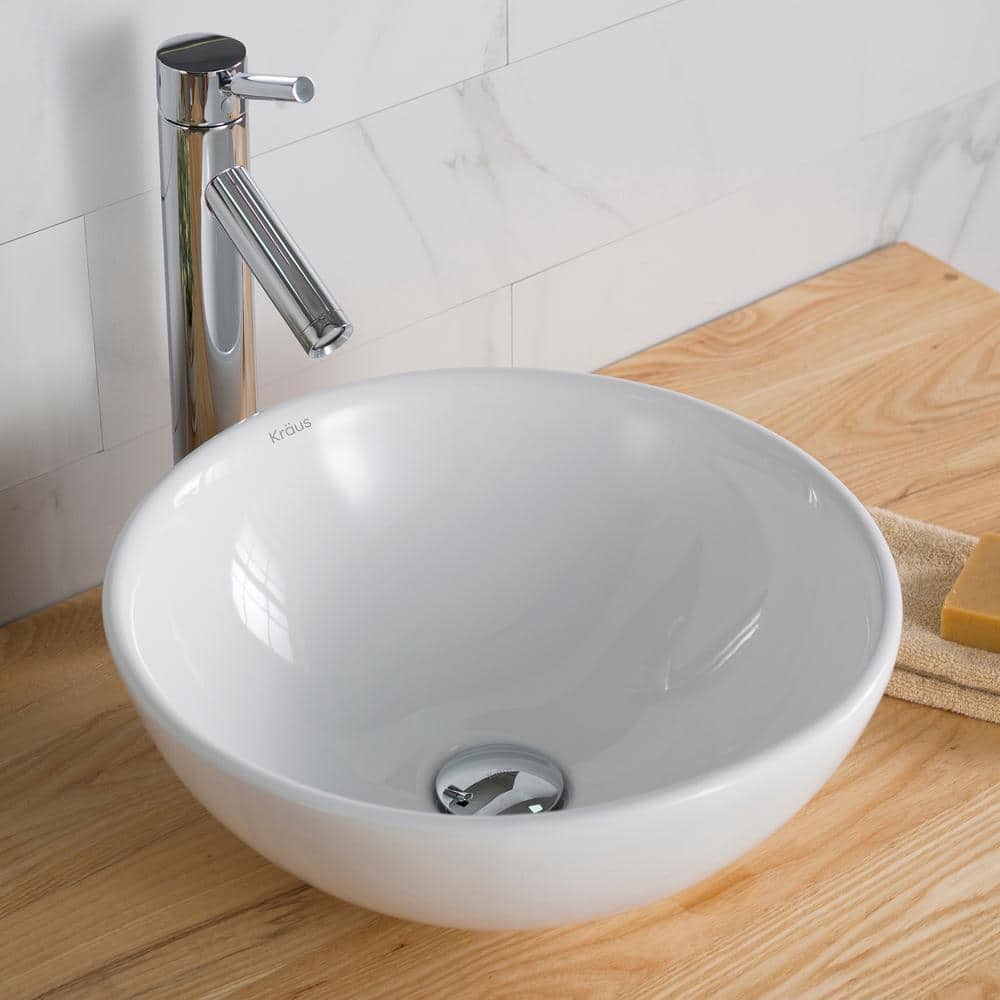 White Round Ceramic Vessel Bathroom Sink, 16 Inch