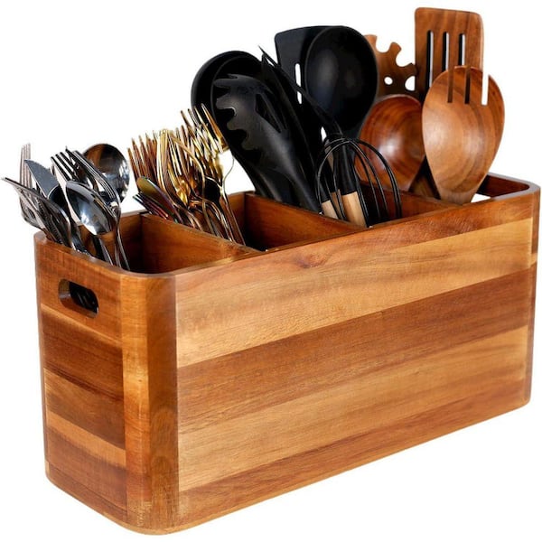 Rustic Acacia Wood Kitchen Utensil Holder with 4 Compartments, Removable Partition, Extra Large Countertop Organizer