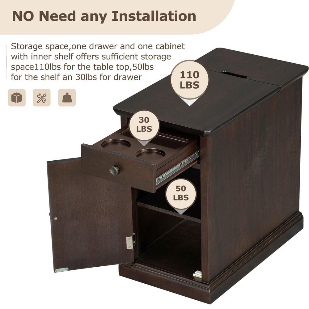 14 in. Antique Brown Rectangle Solid Wood End Table Side Table with USB Ports, Drawer, Cup Holders, No Assembly Need - thumbnail 8