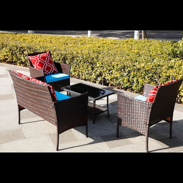 Tenleaf 4-Piece Wicker Patio Conversation Set with Blue Cushions, Four Pillows
