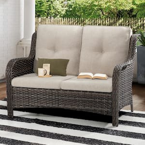 Brown Wicker Outdoor Couch Patio Loveseat Deep Seating with Beige Cushions