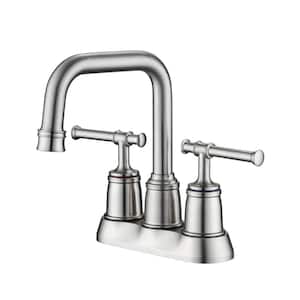Modern Commercial 4 in. Centerset Double Handle Low Arc Bathroom Faucet with Drain Kit Included in Brushed Nickel
