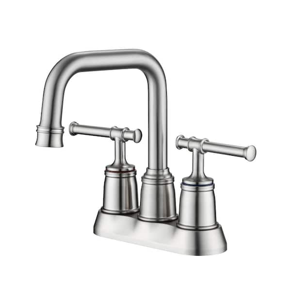 Lukvuzo Modern Commercial 4 in. Centerset Double Handle Low Arc Bathroom Faucet with Drain Kit Included in Brushed Nickel