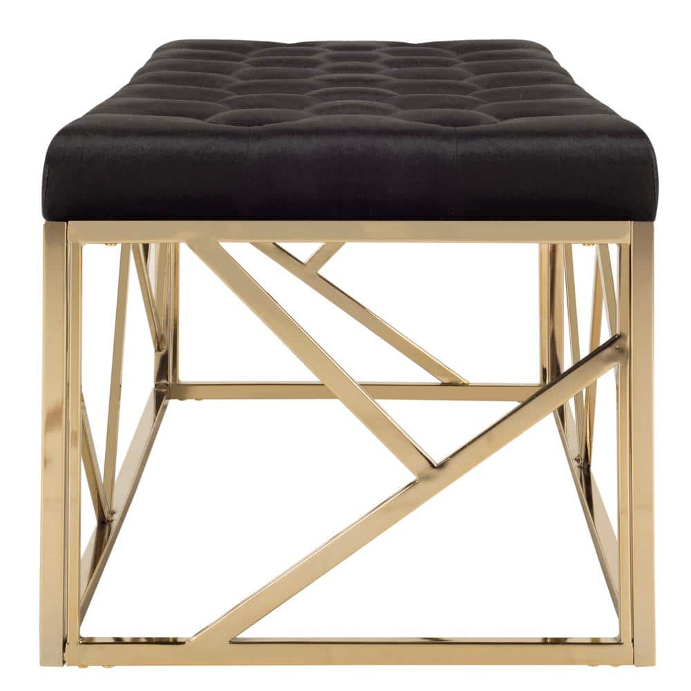 Luxurious Black Velvet and Gold Foil Tufted Rectangular Bench