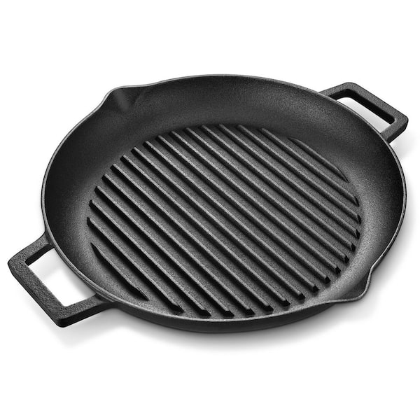 Velaze 1-Piece Black Cast Iron Induction Grill Pan with 2 Handles and 2 Pouring Spouts, Frying Pan for Steak, Meat and BBQ