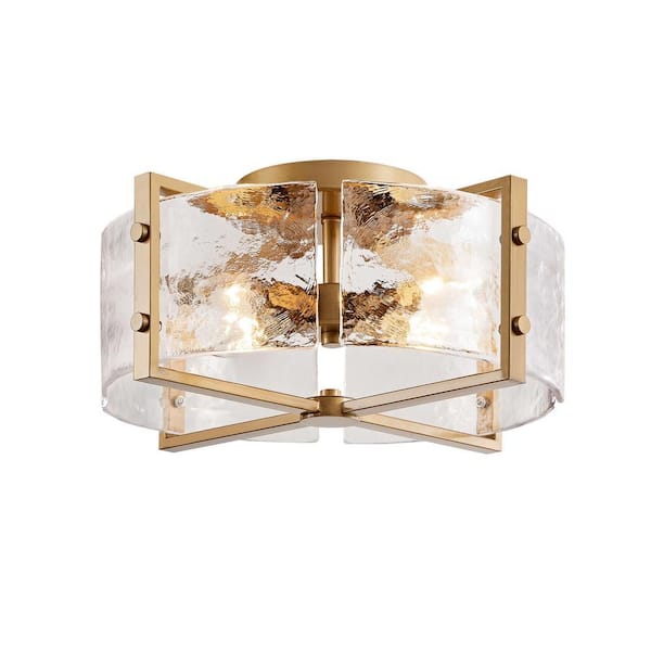 Iris 16.5 in. 4-Light Brushed Brass Flush Mount with Textured Glass Panels Shade