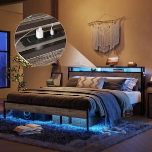 Grey Metal Frame King Size Platform Bed with Charge Station and Storage Headboard & LED Lights