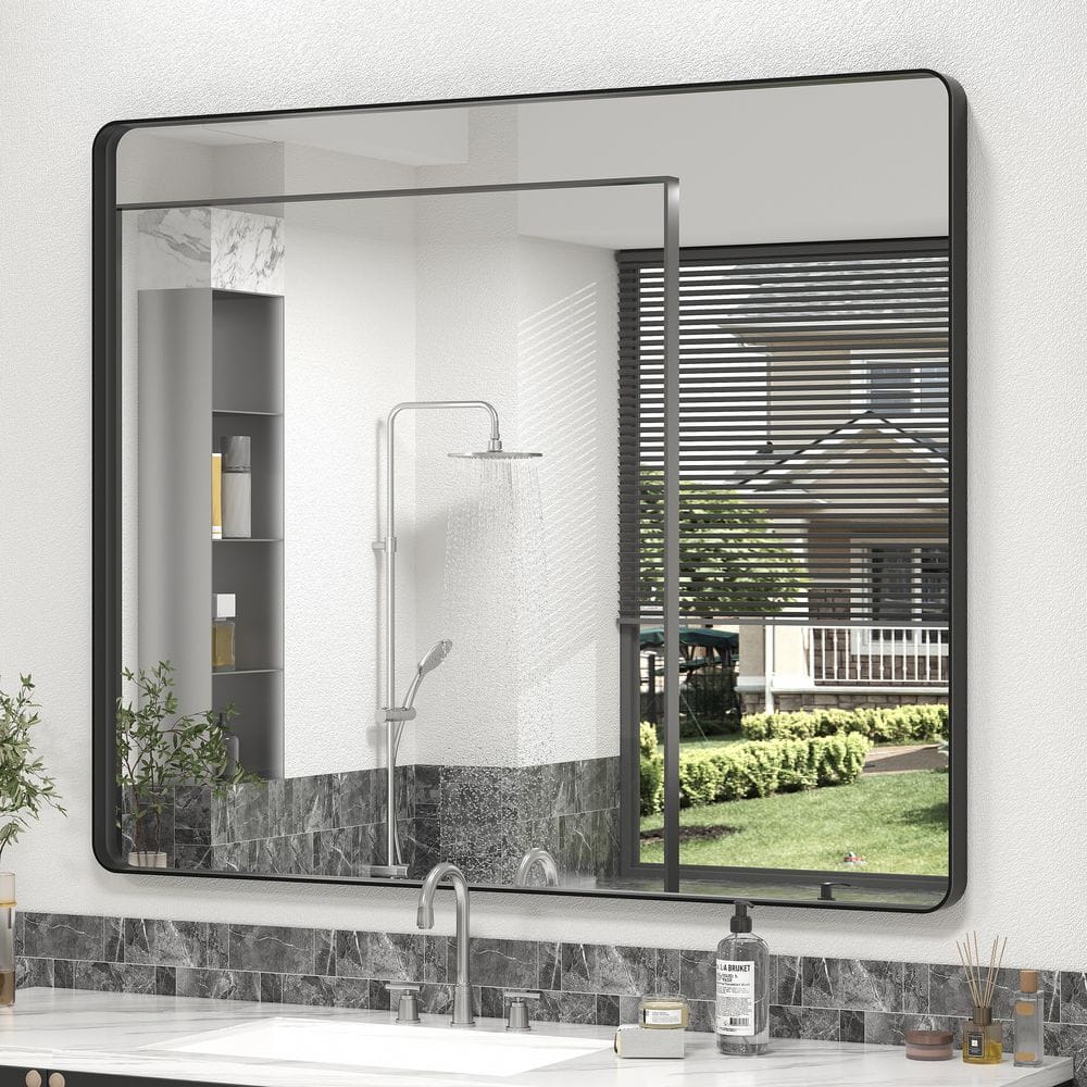 44 in. W x 36 in. H Rectangular Aluminum Alloy Framed and Tempered Glass Wall Bathroom Vanity Mirror in Matte Black price history on PriceWatchPro