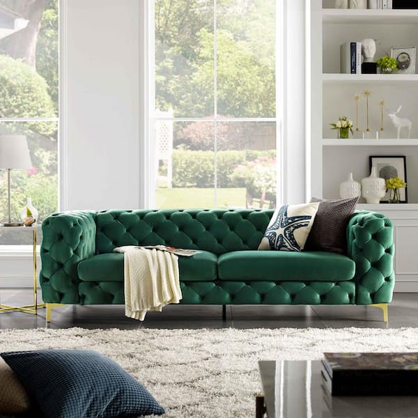 MINIMORE Bella 93.3 in. W Square Arm Velvet Mid-Century 3-Seat Straight Sofa with Metal Legs in Green