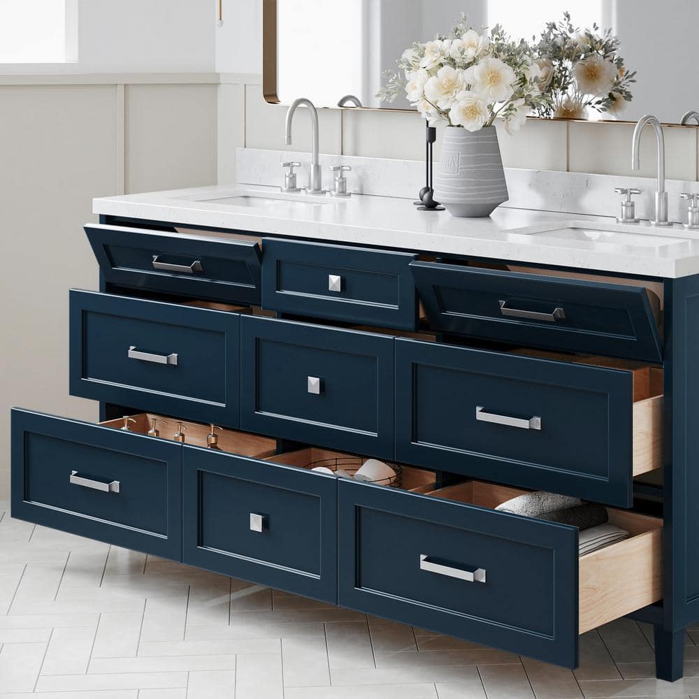 Midnight Blue Double Sink Freestanding Vanity with Carrara Quartz Top
