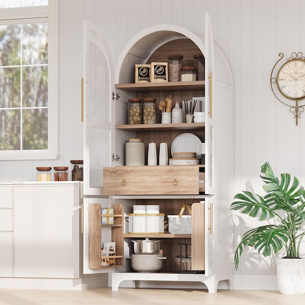Farmhouse White Wood 29.9 in. Kitchen Island Arched Kitchen Pantry Cupboard Cabinet with Open and Adjustable Shelves