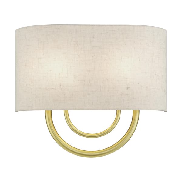 Livex Lighting Stratton 13 in. 2-Light English Soft Gold ADA Wall Sconce with Oatmeal Fabric Shade