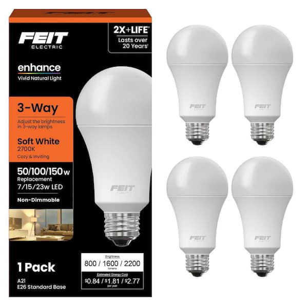 50/100/150-Watt Equivalent A21 CEC Title 20 Compliant 90+ CRI 3-Way E26 Medium LED Light Bulb, Soft White 2700K (4-Pack)