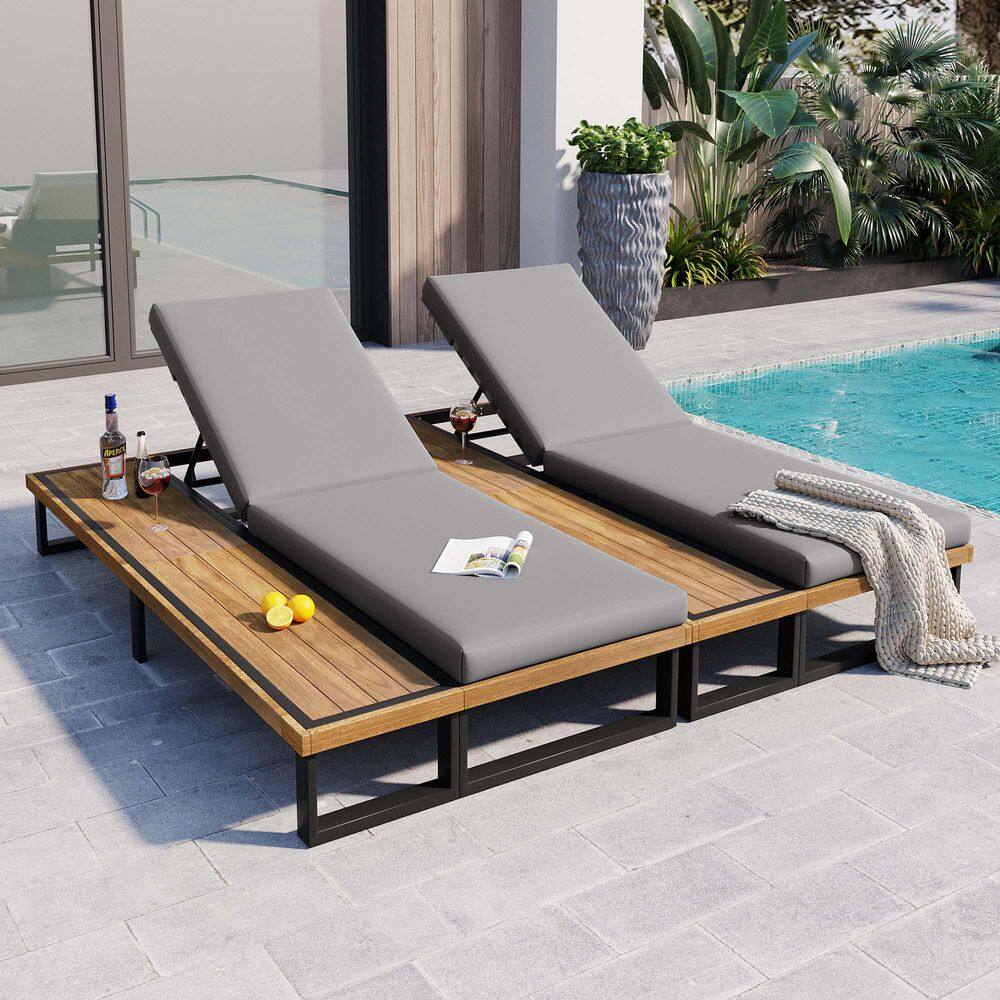 2-Piece Acacia Wood Outdoor Lounge Chairs with Gray Cushions, Wood Side Table, 5-Position Adjustable Backrest price history on PriceWatchPro