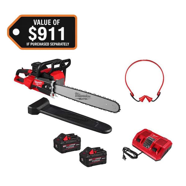 M18 FUEL 18V Brushless Cordless 20 in. Dual Battery Chainsaw Kit w/ (2) 8.0 Ah FORGE Batteries, Banded Earplugs, Charger