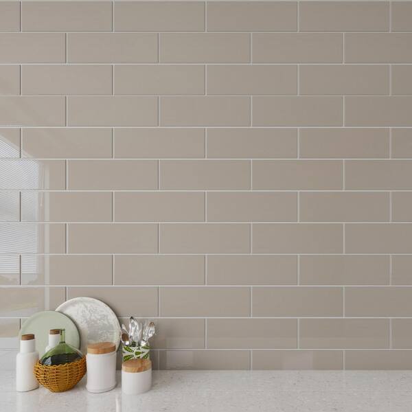 Giorbello Light Taupe 4 in. x 12 in. x 8mm Glass Subway Tile (5 sq. ft ...