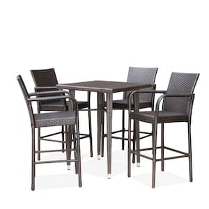 Multi-Brown 5-Piece Faux Rattan Square Outdoor Patio Bar Height Dining Set