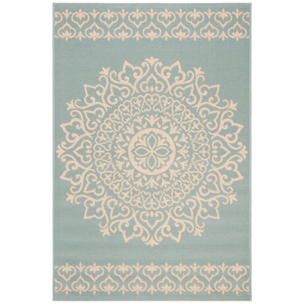 SAFAVIEH Beach House Cream/Aqua Doormat 3 ft. x 5 ft. Medallion Floral Indoor/Outdoor Patio Area Rug